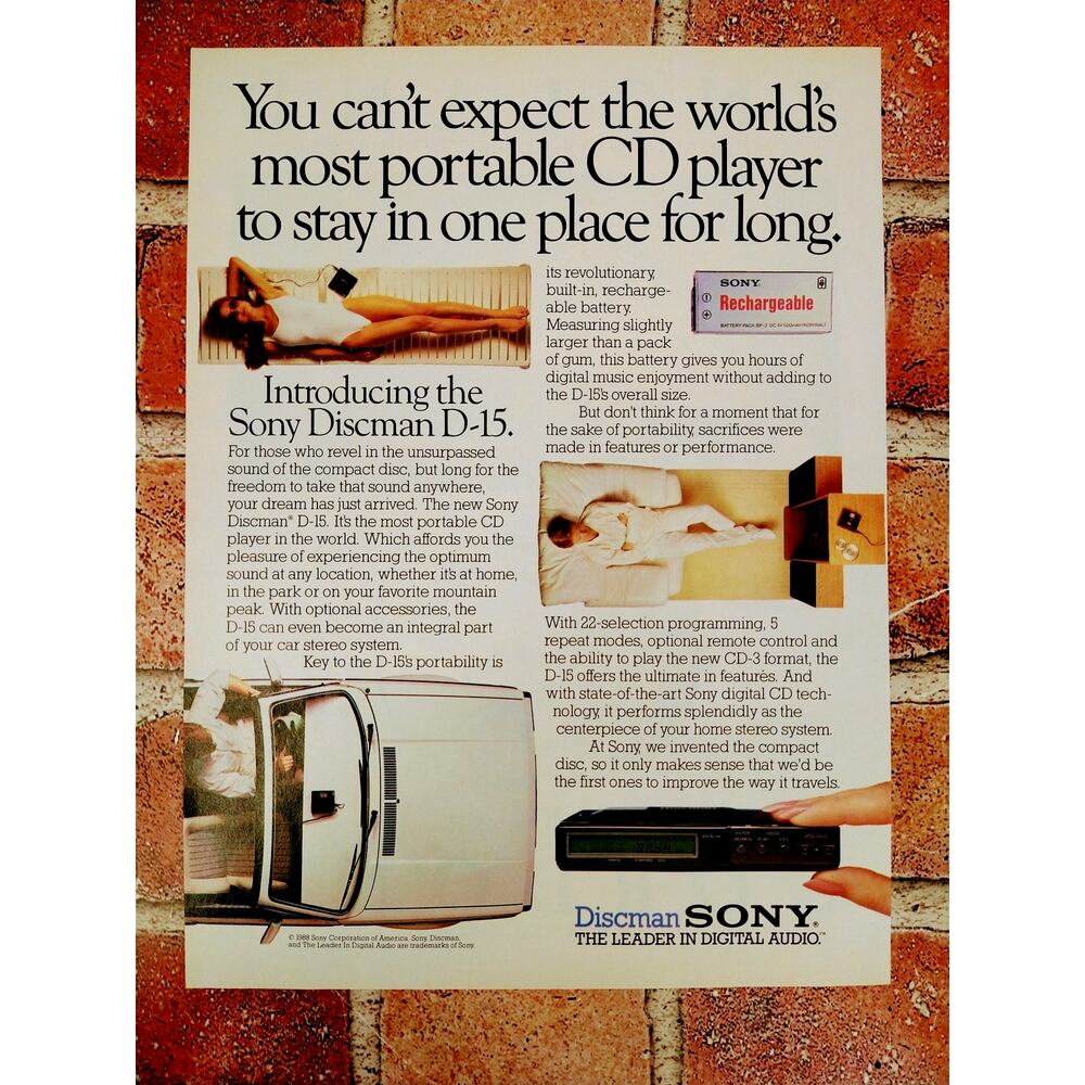 1988 Sony‎ Discman D-15 Portable CD Player - Original Vtg PRINT AD Ephemera